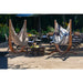 Udine Outdoor Almond - Weather-Resistant Hammock Chair with FSC® certified Eucalyptus Stand – several chairs in a courtyard