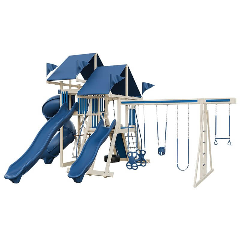 mega climber 55 vinyl swing set almond blue front right
