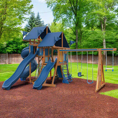 vinyl swing set in blue and wood grain on rubber playground mulch