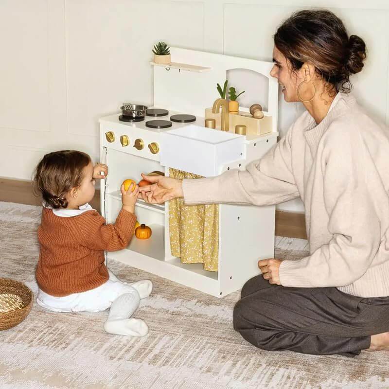 Mother and Child Opening the Cabinet of Tiny Land Honey Kitchenett Pretend Play