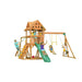 wooden swing set with yellow accessories and kids playing