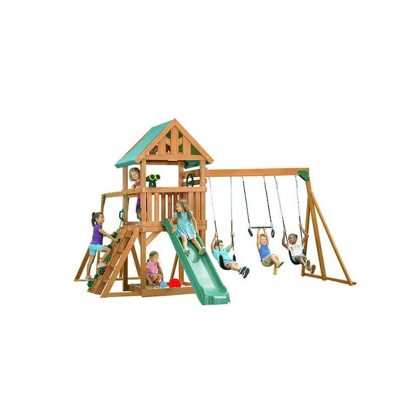 Cedar Swing Set with slide and kids playing