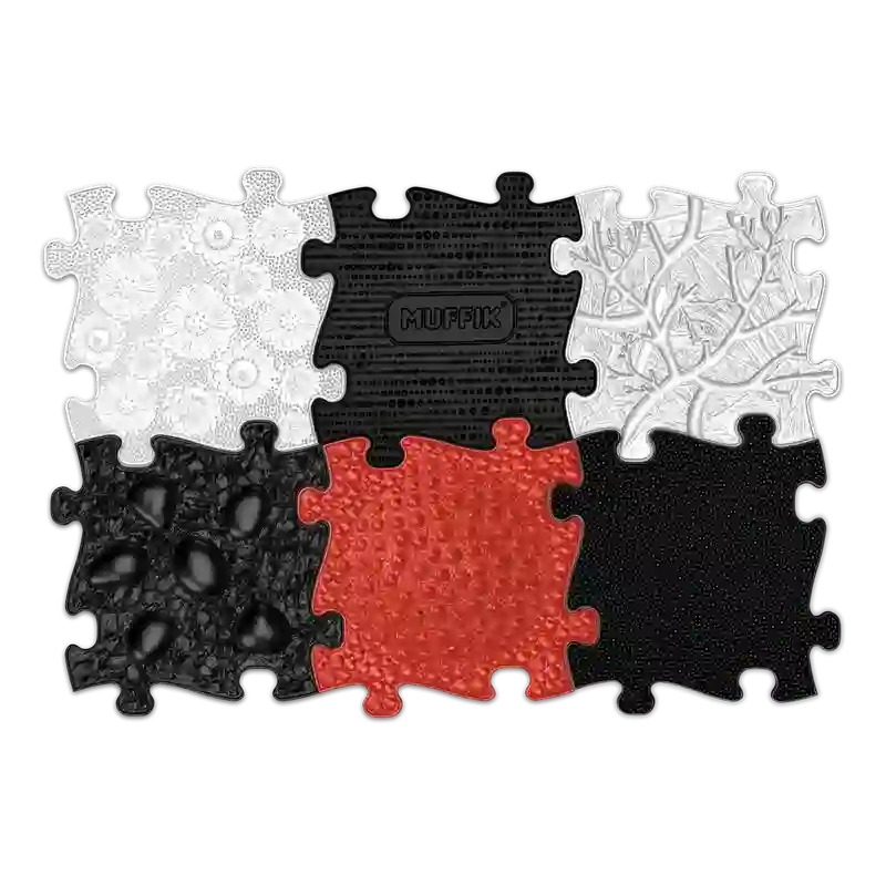 Muffik Tots Vision Puzzle Set with six black white and red sensory mats