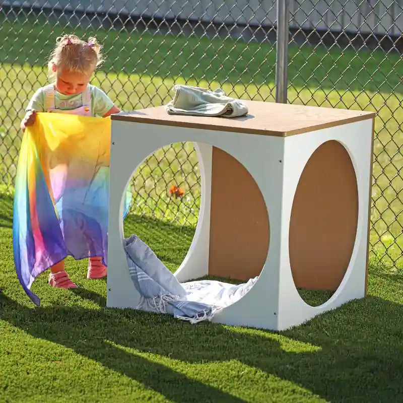outdoorED™ Play House Cube - WB2726 – kid playing beside the cube with scarves