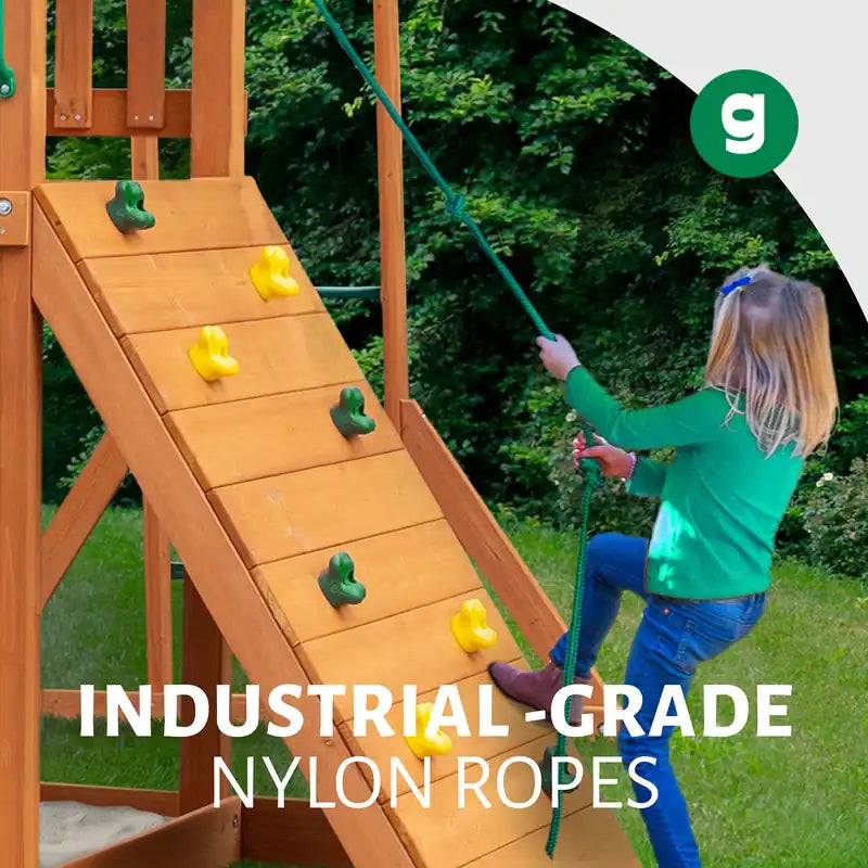 Outing with Trapeze Arm Outdoor Playset – rock wall and climbing rope