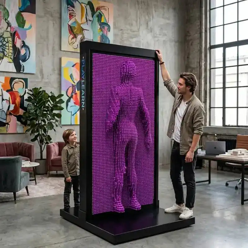 Pin Art Wall Lifesize 7.5ft - Purple - adult and child beside the purple pin art frame