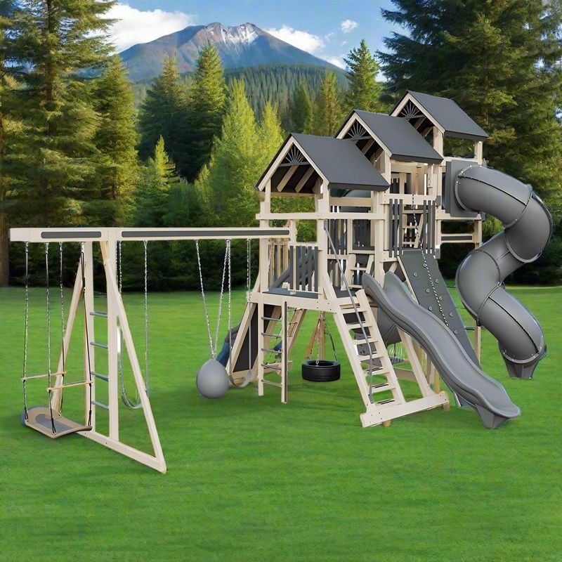pinnacle vinyl outdoor playset with monkey bars almond gray back left