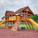 Playsafer Rubber Playground Mulch in Terra Cotta beneath a wood playset
