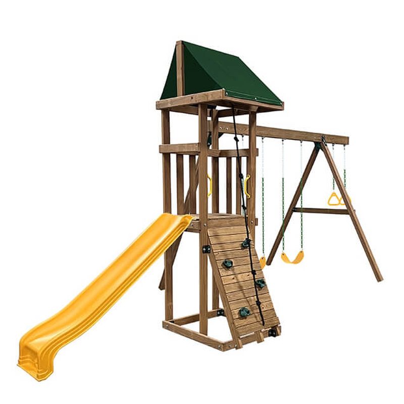 PlayStar Maverick Swing Set – front view with slide, swings and climbing wall