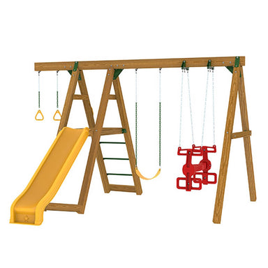 PlayStar Mesa Plus Swing Set – front view showing slide, swings and climbing bars