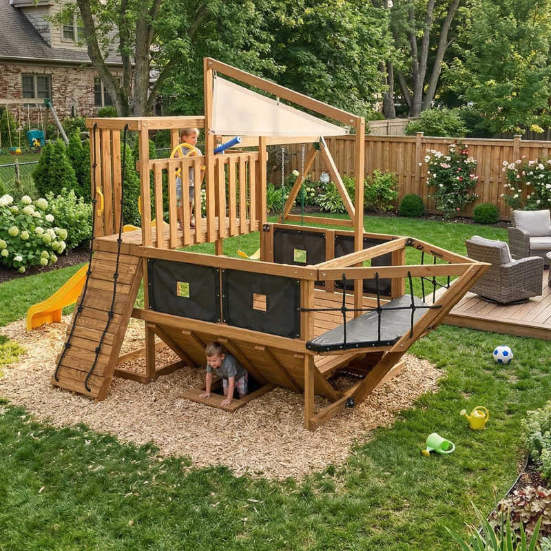 PlayStar Pirate Ship Swing Set RTA Kit – installed in a backyard