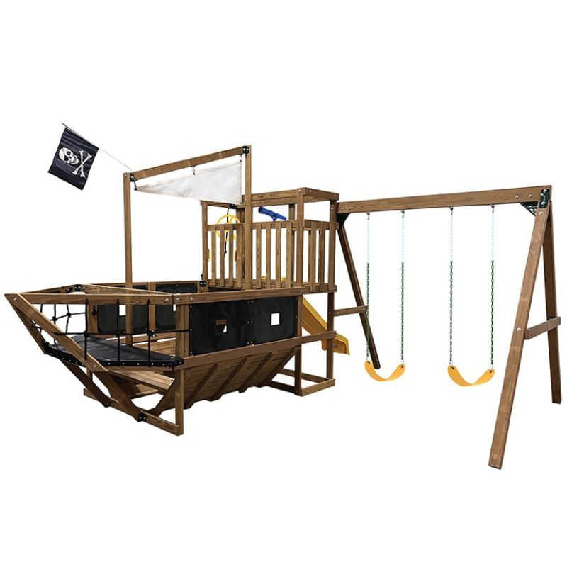PlayStar Pirate Ship Swing Set RTA Kit – rear view showing hull and play features