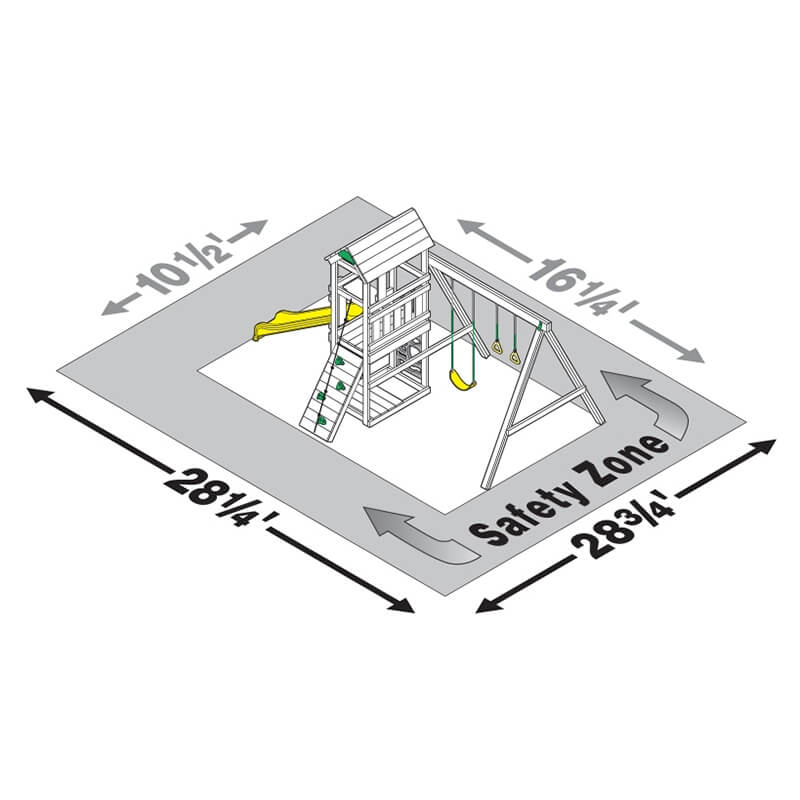 PlayStar Trainer Starter Quick Assembly Wooden Playset – safety zone dimensions diagram