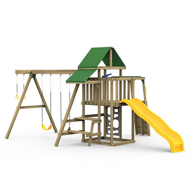 PlayStar Varsity Bronze Wooden Playset – front angle showing slide, play deck, and swing beam