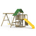 PlayStar Varsity Bronze Wooden Playset – front angle showing slide, play deck, and swing beam