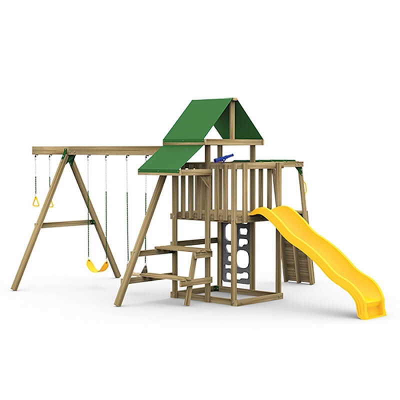 PlayStar Varsity Bronze Wooden Playset – front angle showing slide, play deck, and swing beam