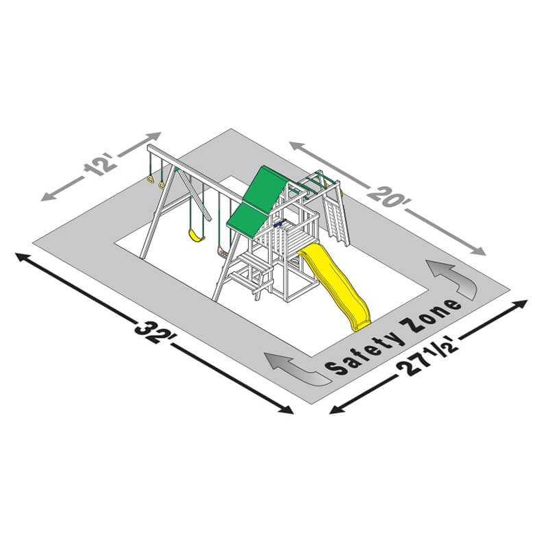 PlayStar Varsity Bronze Wooden Playset – safety zone and playset footprint diagram