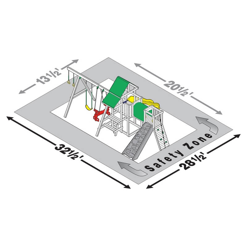 PlayStar Varsity Gold premium wooden playset safety zone dimensions diagram
