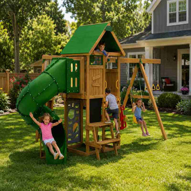 PlayStar Highland Gold Outdoor Playset – backyard playset with kids climbing swinging and sliding