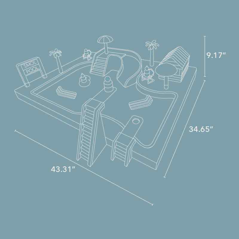Smol Pool Day Water Table dimensions showing 43.31 by 34.65 by 9.17 inches