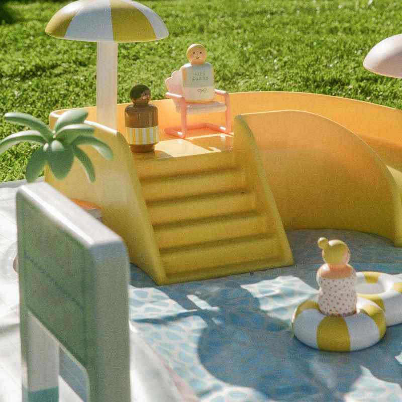 Smol Pool Day Water Table waterslide and umbrella waterfall feature connected for splash play