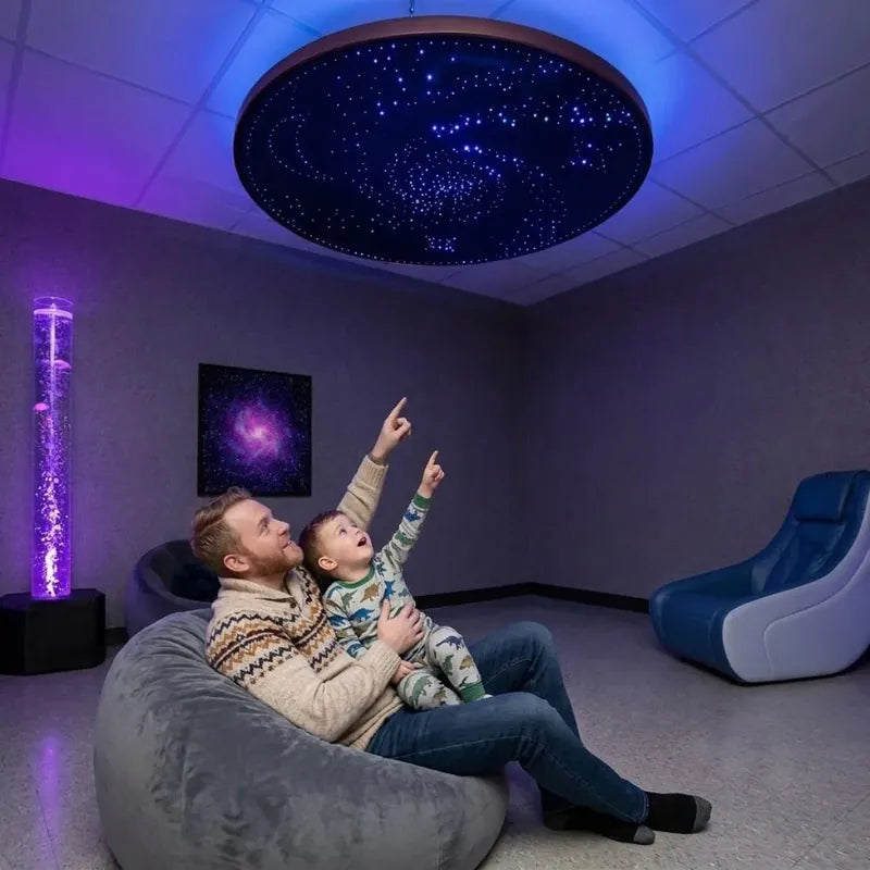 Round Fiber Optic Ceiling Panel with Shooting Stars - family looking toward the illuminated ceiling panel