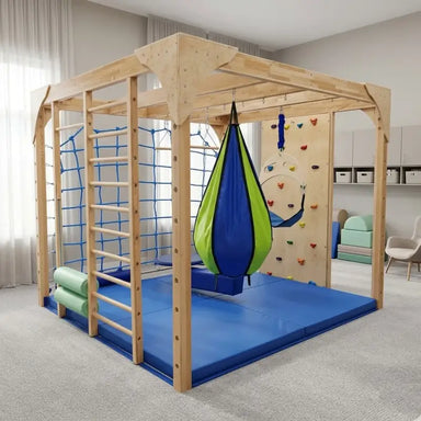 Sensis™ Active Sensory Integration System - movement frame in a room with blue mats and additional swings shown