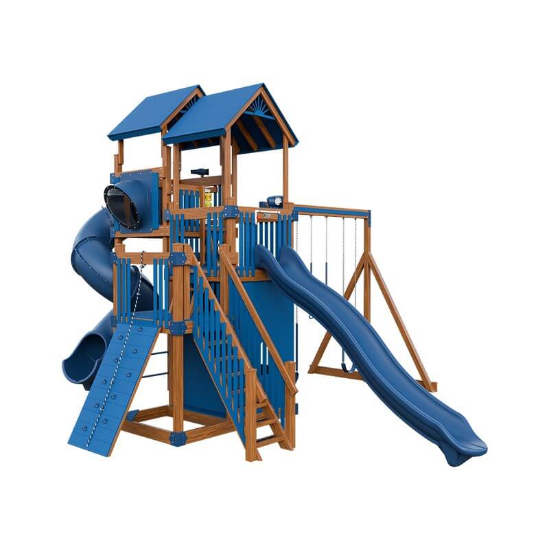summit amish made playset for climbing chestnut wood blue front left