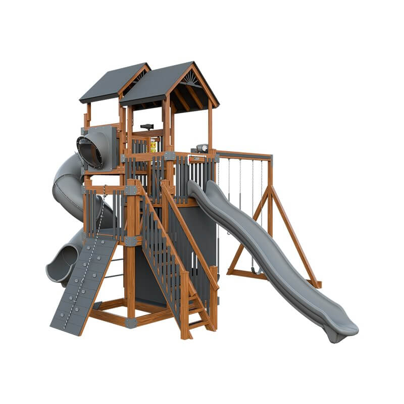 summit amish made playset for climbing chestnut wood gray front left