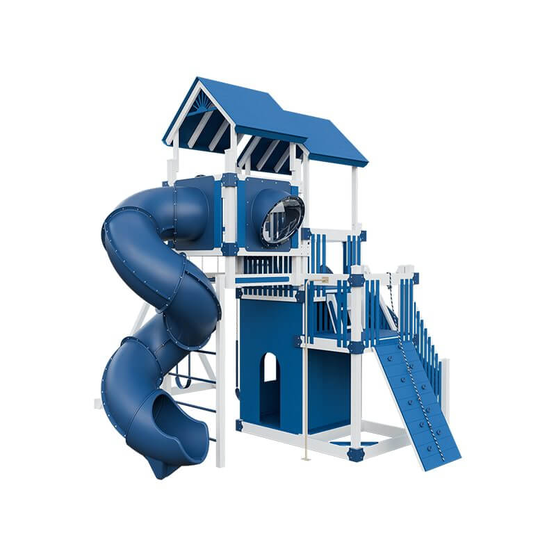 summit amish made playset for climbing white blue back right
