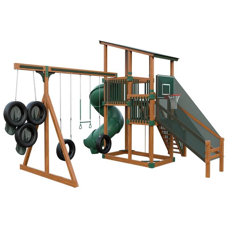 super 59 sports tower vinyl playset chestnut wood green back left