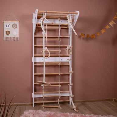 Swedish Wall Gym Set with Accessories – white and natural wood wall ladder with accessories