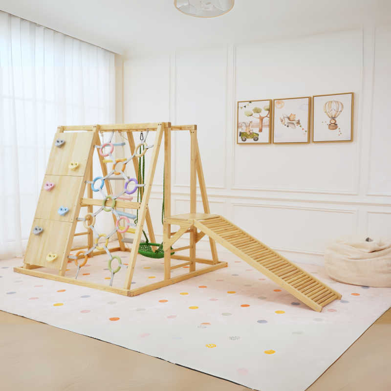 Sweetgum Indoor Sensory Playset (Large) with child climbing the wooden sensory gym for indoor play side view