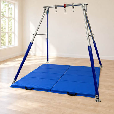 TFH Folding Mat 4' x 6' Blue shown as two mats beneath a TFH 8TSPSIN indoor swing frame without a seat. Listing includes one mat; second mat and frame sold separately.