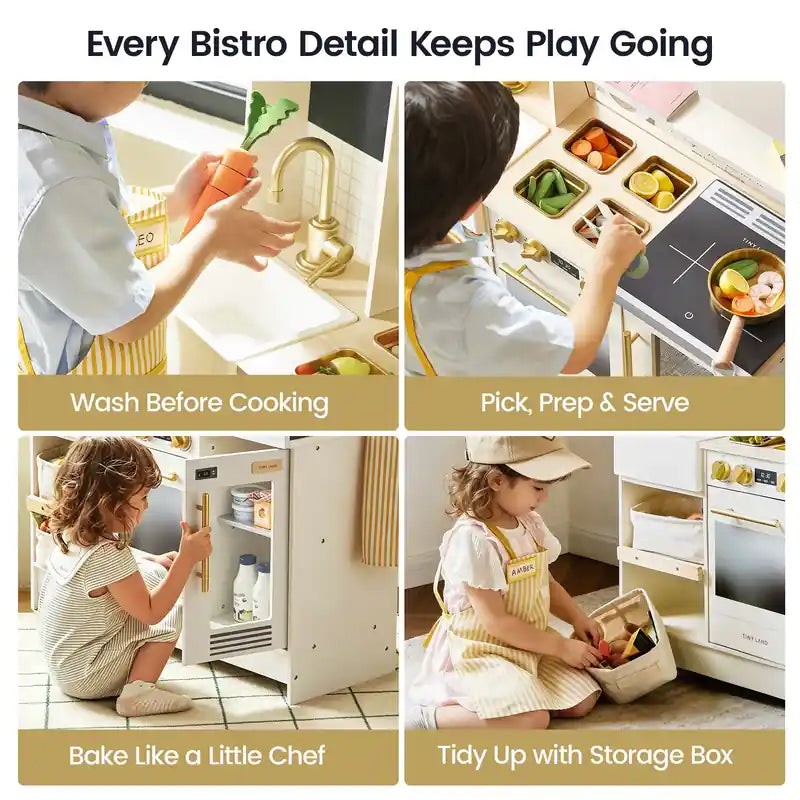 Tiny Land® BistroSwitch Play Kitchen – Cream kitchen collage of pretend washing, prep, baking and cleanup