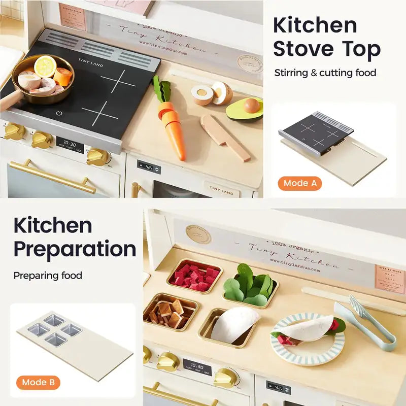 Tiny Land® BistroSwitch Play Kitchen – Cream countertop shown in stove and food-prep configurations