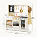 Tiny Land® BistroSwitch Play Kitchen – Cream kitchen dimension guide with staged food and accessories
