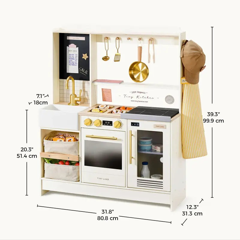 Tiny Land® BistroSwitch Play Kitchen – Cream kitchen dimension guide with staged food and accessories