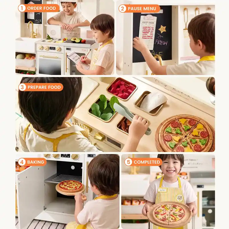 Tiny Land® BistroSwitch Play Kitchen – Children ordering, preparing and serving pretend pizza at the Cream kitchen