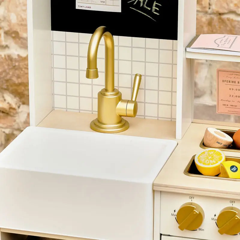 Tiny Land® BistroSwitch Play Kitchen – Cream kitchen close-up of pretend sink and gold-colored faucet