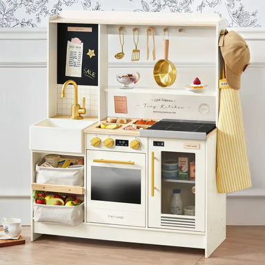 Tiny Land® BistroSwitch Play Kitchen – Cream kitchen with gold-colored cookware and staged play food