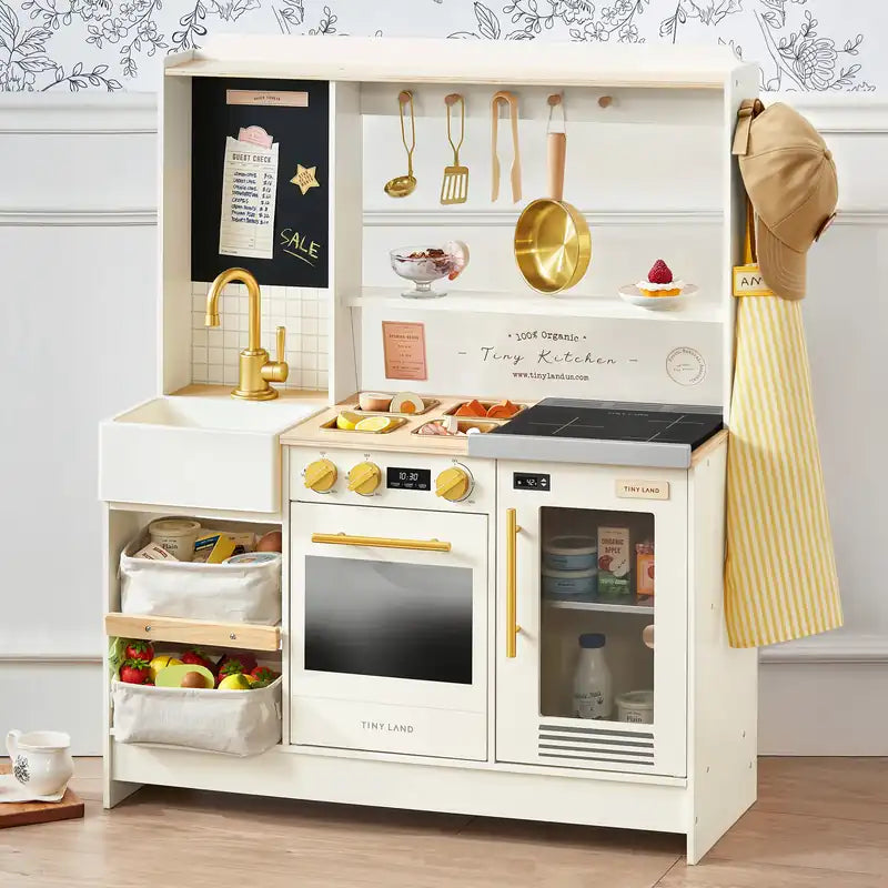 Tiny Land® BistroSwitch Play Kitchen – Cream kitchen with gold-colored cookware and staged play food