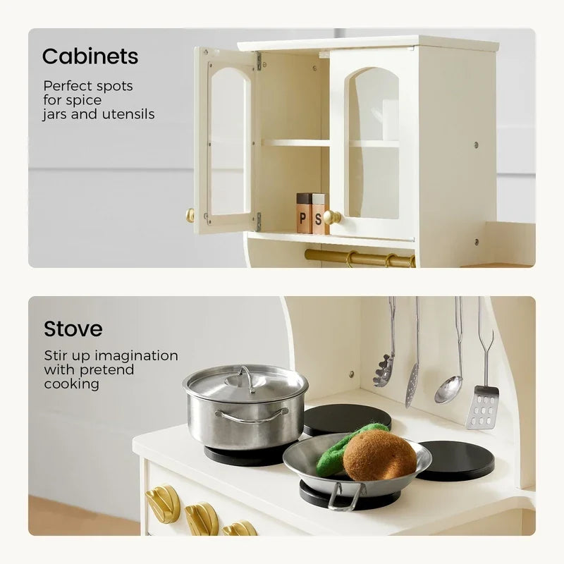Tiny Land® Wooden Play Kitchen with Storage for Creative Toddlers – Cream kitchen close-ups of upper cupboards and pretend stovetop