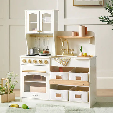 Tiny Land® Wooden Play Kitchen with Storage for Creative Toddlers – Cream kitchen with cookware, four storage bins and staged play food