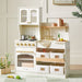 Tiny Land® Wooden Play Kitchen with Storage for Creative Toddlers – Cream kitchen with cookware, four storage bins and staged play food