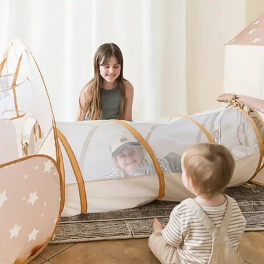 Tiny Land® Discovery 5-in-1 Play Tunnel With no Balls – children crawling through mesh play tunnel