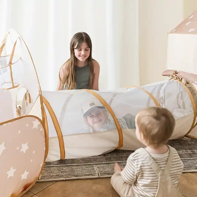 Tiny Land® Discovery 5-in-1 Play Tunnel With no Balls – children crawling through mesh play tunnel