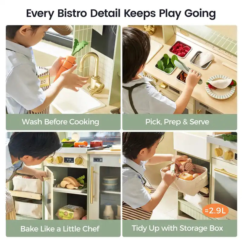 Tiny Land® BistroSwitch Play Kitchen – Green kitchen collage of pretend washing, prep, baking and cleanup