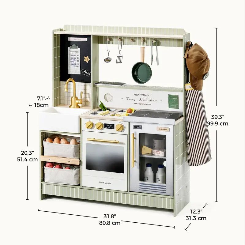 Tiny Land® BistroSwitch Play Kitchen – Green kitchen dimension guide with staged food and accessories