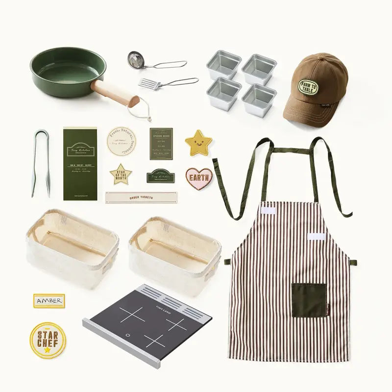 Tiny Land® BistroSwitch Play Kitchen – Green accessory assortment with cookware, bins, hat, apron and patches